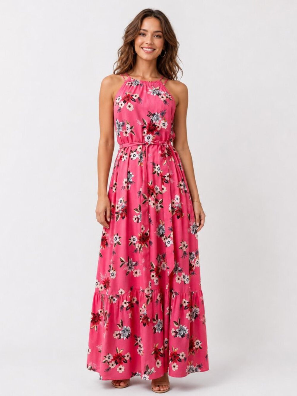 Pink Floral Halter Maxi Dress S Boho Beach Wedding Guest Tall Coquette Cottage